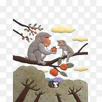 刺绣猴子母子吃桃