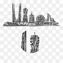 黑白清新简线条手绘旅游杭州地标