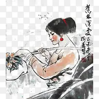 国画蕉林深处挑扁担的女子
