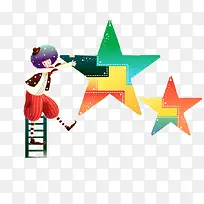 爬上梯子接触星星的可爱卡通儿童