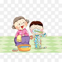 奶奶与孩子一起洗漱