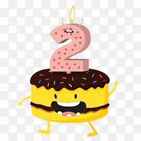 手绘矢量开心两岁生日海绵蛋糕