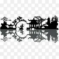中国传统园林建筑剪影矢量