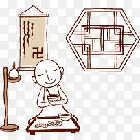 油灯旁吃食的和尚图片