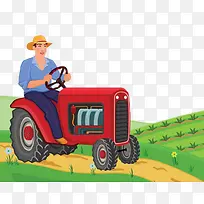 开着红色拖拉机的农夫在田里收割