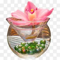 透明玻璃杯中的弹珠与红色花