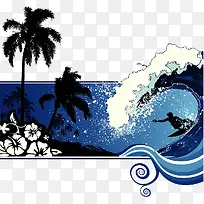 蓝色夏日海洋浪花矢量装饰图