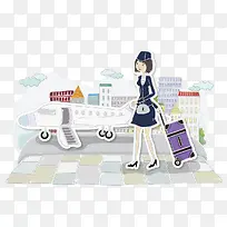 卡通插画女人拖着行李箱