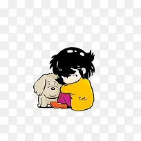 靠着小狗蹲着的小女孩