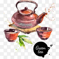 手绘水彩茶壶和绿茶