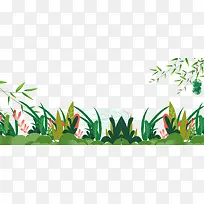 春季手绘草叶与鲜花主题边框