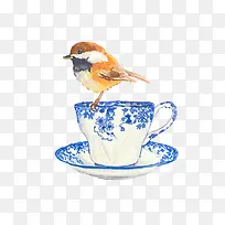 手绘茶杯小鸟图案