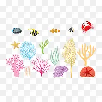 矢量彩色卡通热带鱼珊瑚藻