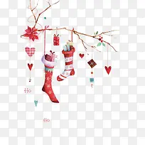卡通圣诞爱心礼物袜子树枝