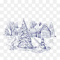 卡通手绘圣诞树雪人房屋