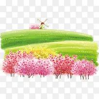 春季粉红色树林草地
