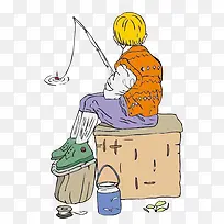 卡通风坐着钓鱼的金发男孩背影图