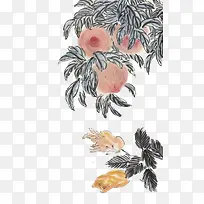 蜜桃和佛手瓜的静物国画
