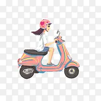 手绘可爱插画骑摩托车的女孩