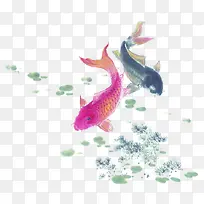 粉色黑色鲤鱼水墨画中秋