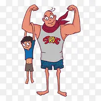 卡通肌肉父亲和瘦小孩子