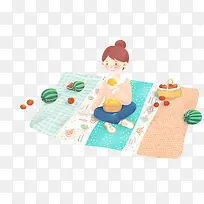 手绘装饰插图夏日野餐的女孩插画