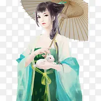 油纸伞小兔绿衣古风手绘女子