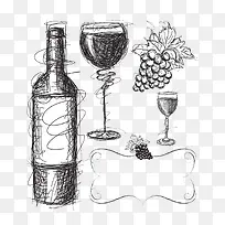 简约铅笔素描葡萄酒红酒插画