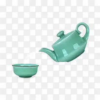 产品实物青瓷茶壶茶杯