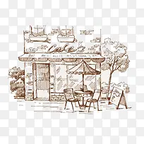 欧式手绘商业街咖啡厅素描图