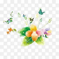 鲜艳的花朵和漂亮的蝴蝶手绘