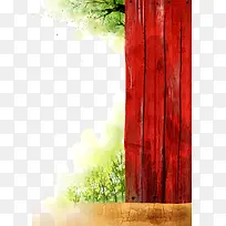红色木门上的小女孩剪影