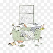 卡通人物躺在沙发上盖着被子
