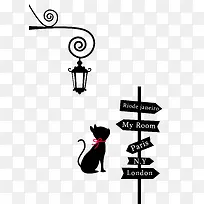 卡通路灯下的小猫
