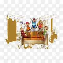 在沙发上蹦跳的孩子们