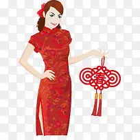 穿红色旗袍的女孩掐腰拿着中国结