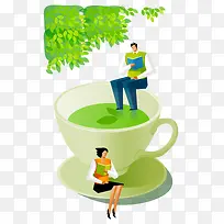 翠绿树叶矢量读书男女人物茶杯