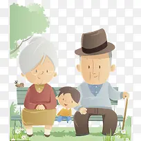 公园坐在木椅上的老人与孩子