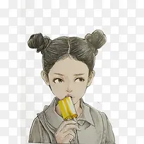 手绘清新吃冰棍丸子头少女