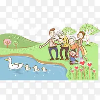 卡通插图一家人湖边草地看鸭子