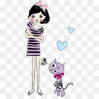 卡通手绘穿紫色裙子的女孩与猫咪