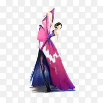 手绘紫色水彩单肩长裙