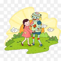 免抠素材之小女孩与机器人跳舞