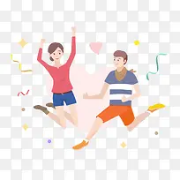 情侣蹦跳手绘插画