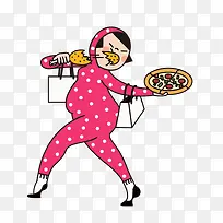 卡通吃披萨的女人免抠图