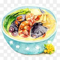 手绘食物鱼豆腐青菜小龙虾