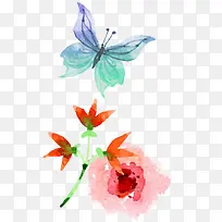手绘水墨花朵与蝴蝶