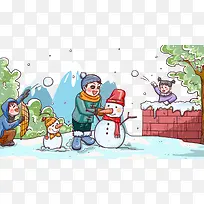 冬天打雪仗卡通插画