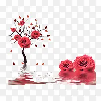 红色卡通玫瑰树海报装饰