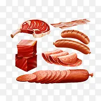 切片的火腿肠与猪肉